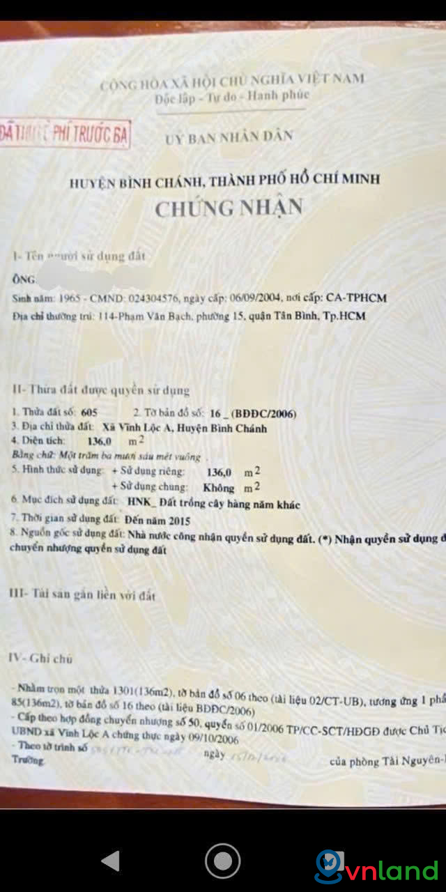 Bán đất mặt tiền Vĩnh Lộc A, Bình Chánh – Giá tốt đầu tư